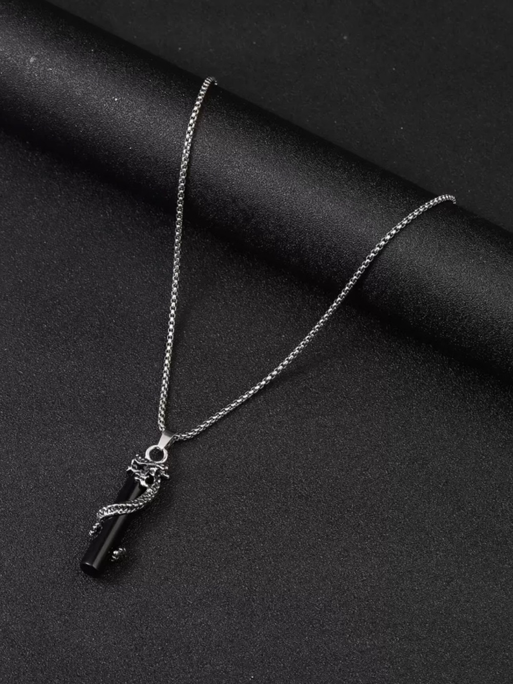 Silver Dragon Wrap Black Pendant Necklace - Men’s Jewelry